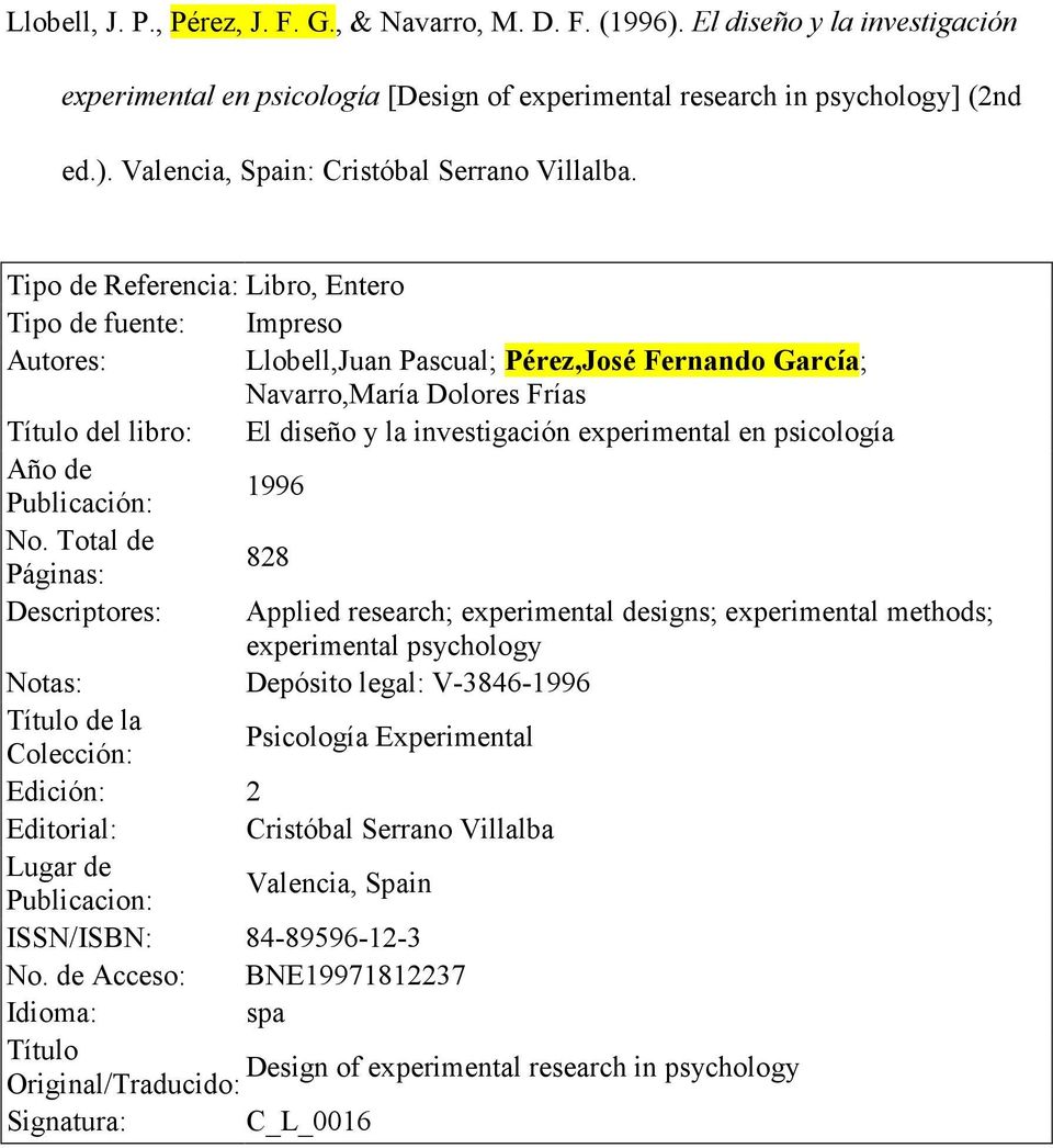 experimental en psicología Año de Publicación: 1996 No.