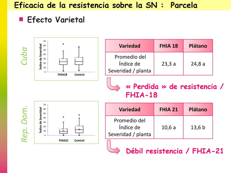 FHIA18 Control Promedio del Índice de Severidad / planta 23,3 a 24,8 a «Perdida» de resistencia /