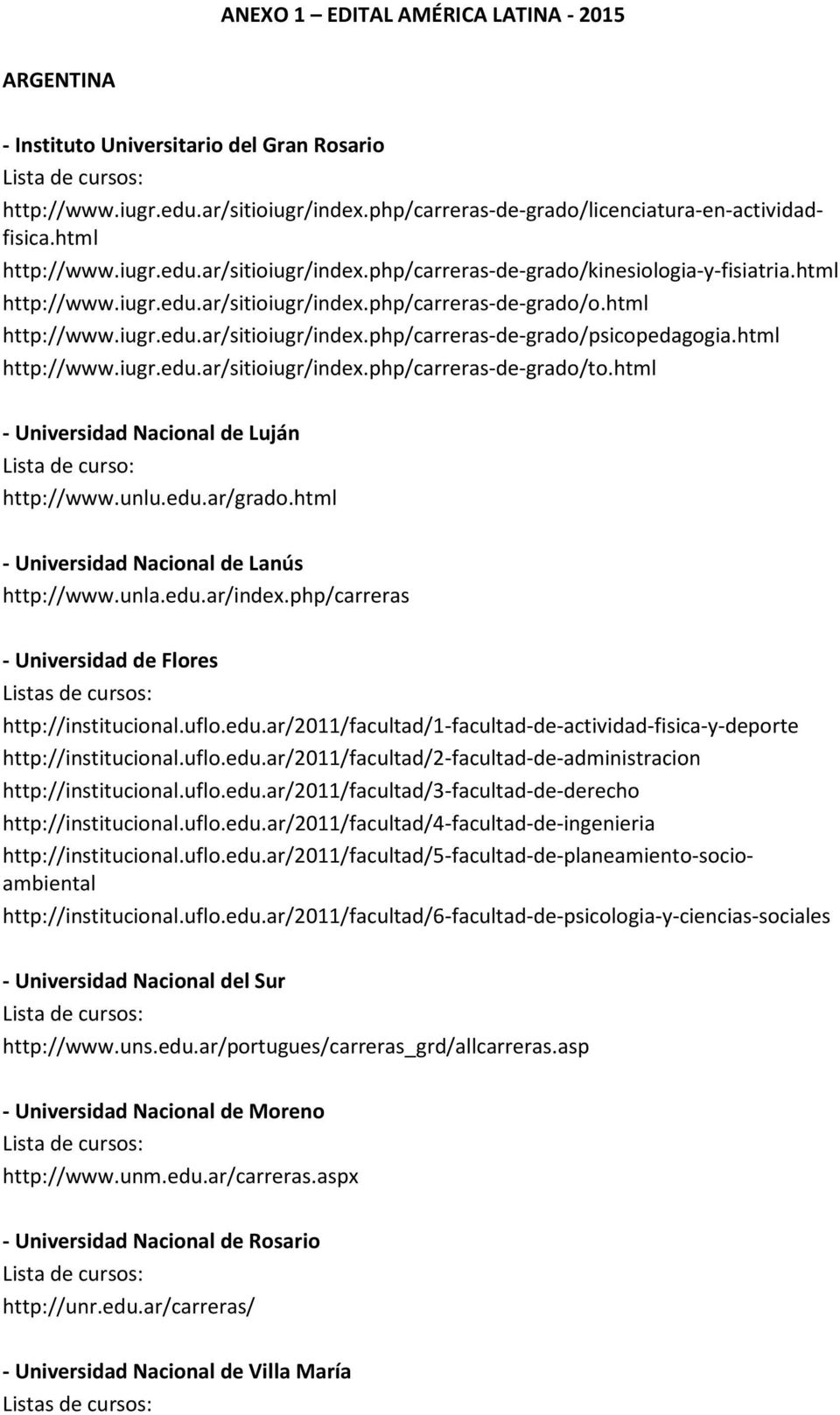 html http://www.iugr.edu.ar/sitioiugr/index.php/carreras-de-grado/to.html - Universidad Nacional de Luján Lista de curso: http://www.unlu.edu.ar/grado.html - Universidad Nacional de Lanús http://www.