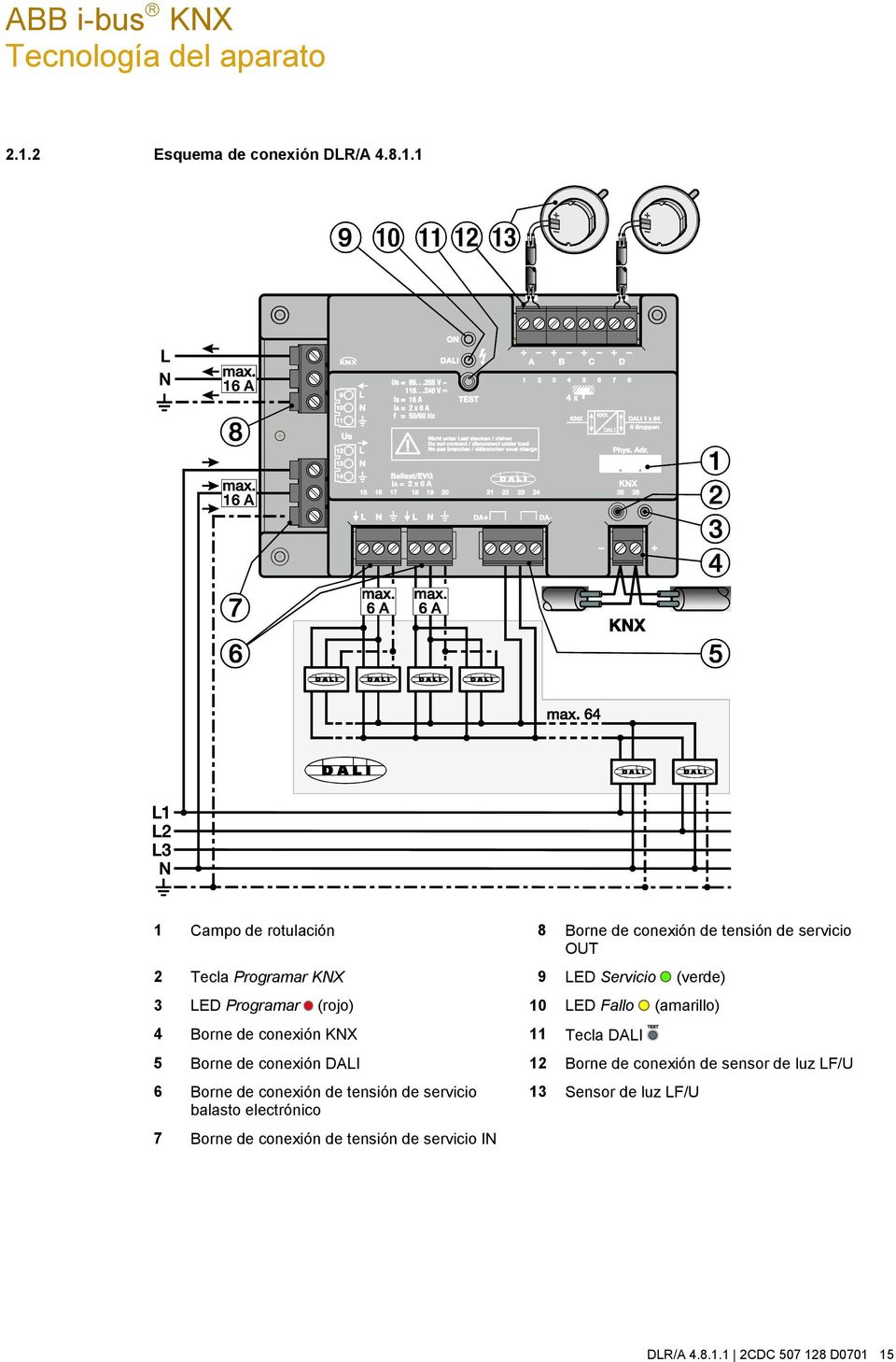 1 1 Campo de rotulación 8 Borne de conexión de tensión de servicio OUT 2 Tecla Programar KNX 9 LED Servicio (verde) 3 LED