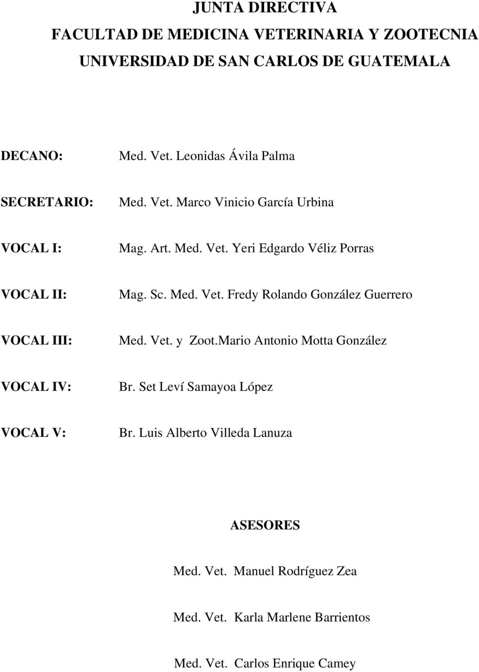 Sc. Med. Vet. Fredy Rolando González Guerrero VOCAL III: Med. Vet. y Zoot.Mario Antonio Motta González VOCAL IV: Br.