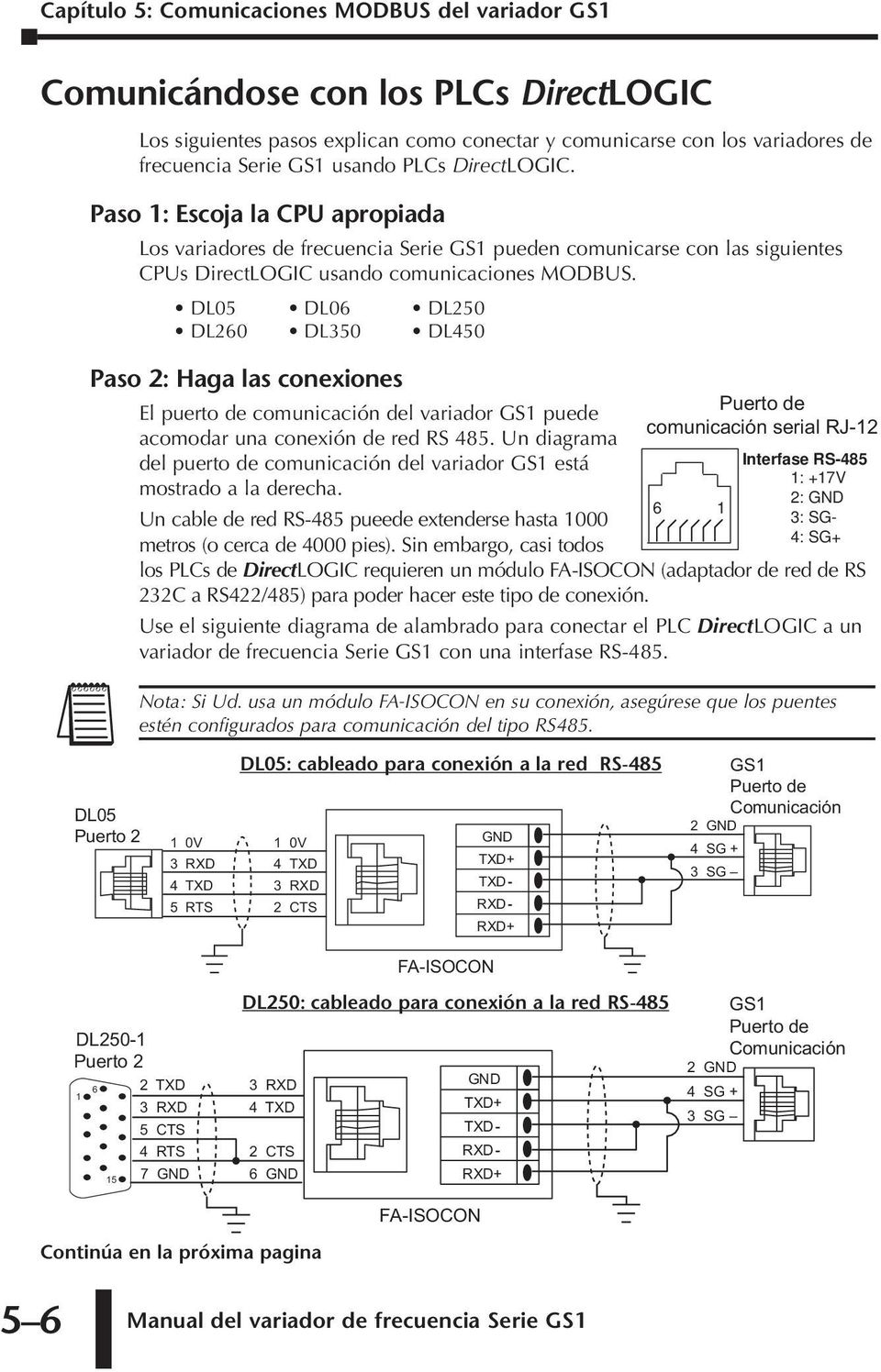 DL05 DL06 DL250 DL260 DL350 DL450 Paso 2: Haga las conexiones El puerto de comunicación del variador GS puede Puerto de comunicación serial RJ-2 acomodar una conexión de red RS 485.