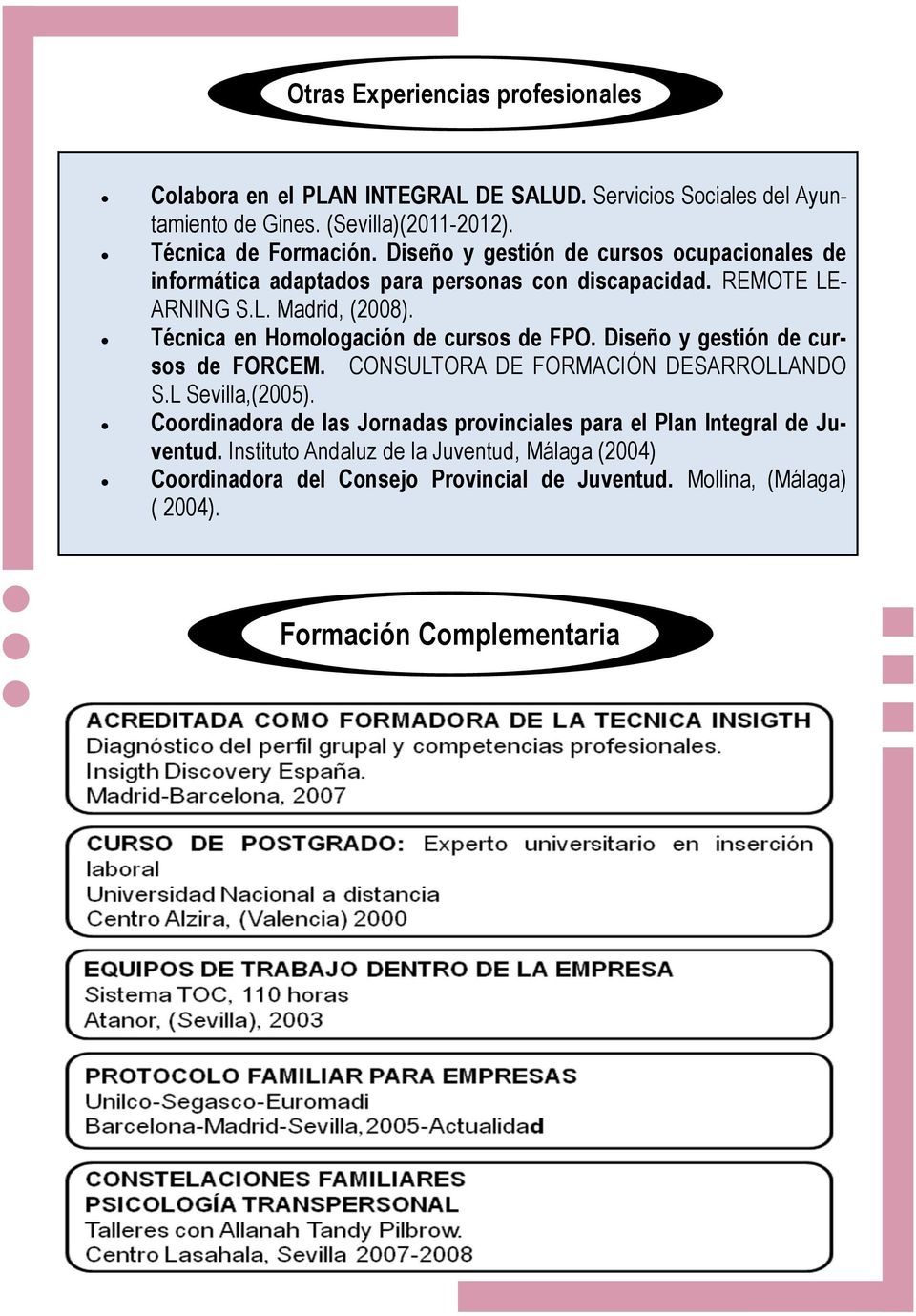 Técnica en Homologación de cursos de FPO. Diseño y gestión de cursos de FORCEM. CONSULTORA DE FORMACIÓN DESARROLLANDO S.L Sevilla,(2005).