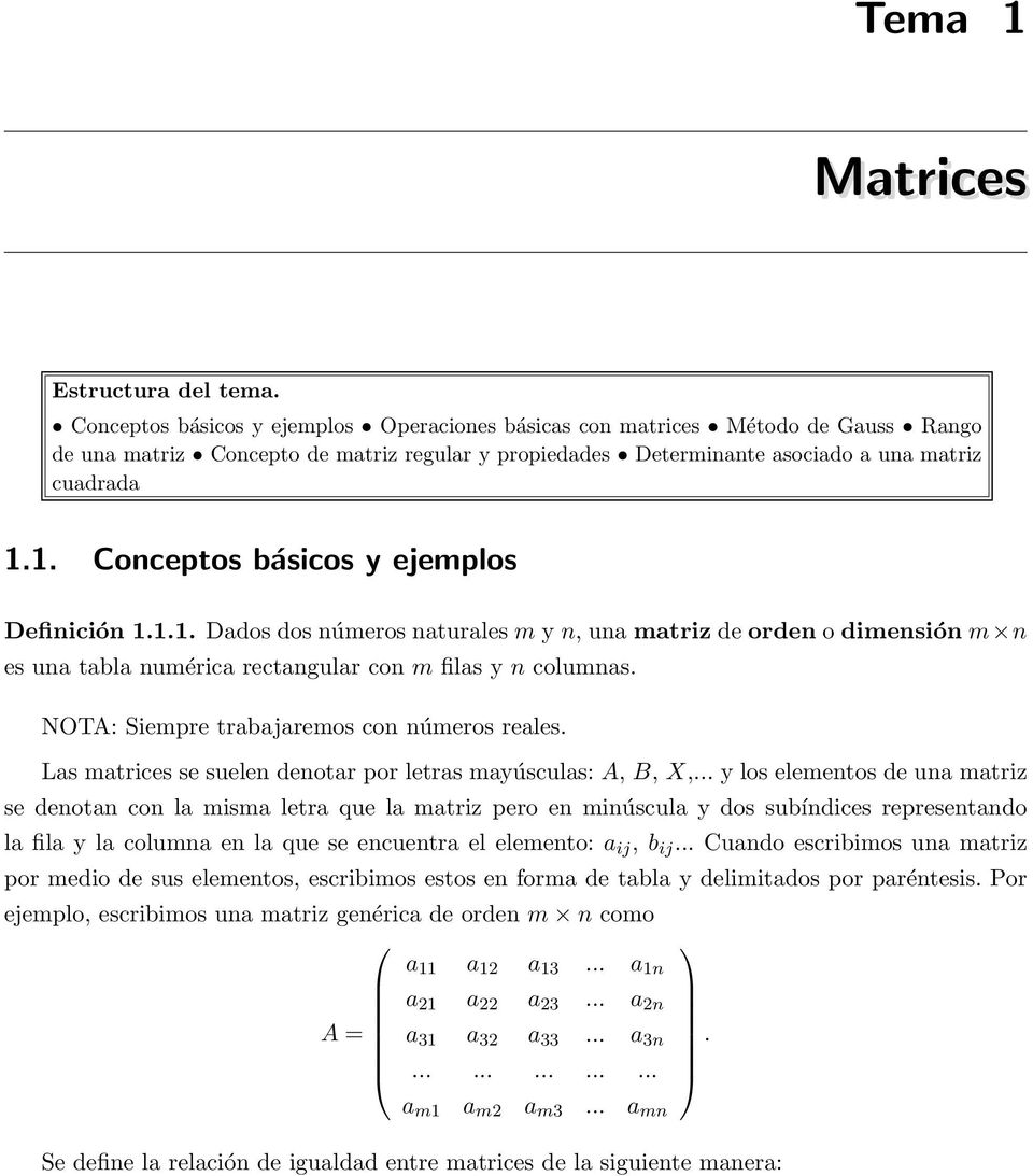 1. Conceptos básicos y ejemplos Definición 1.1.1. Dados dos números naturales m y n, una matriz de orden o dimensión m n es una tabla numérica rectangular con m filas y n columnas.