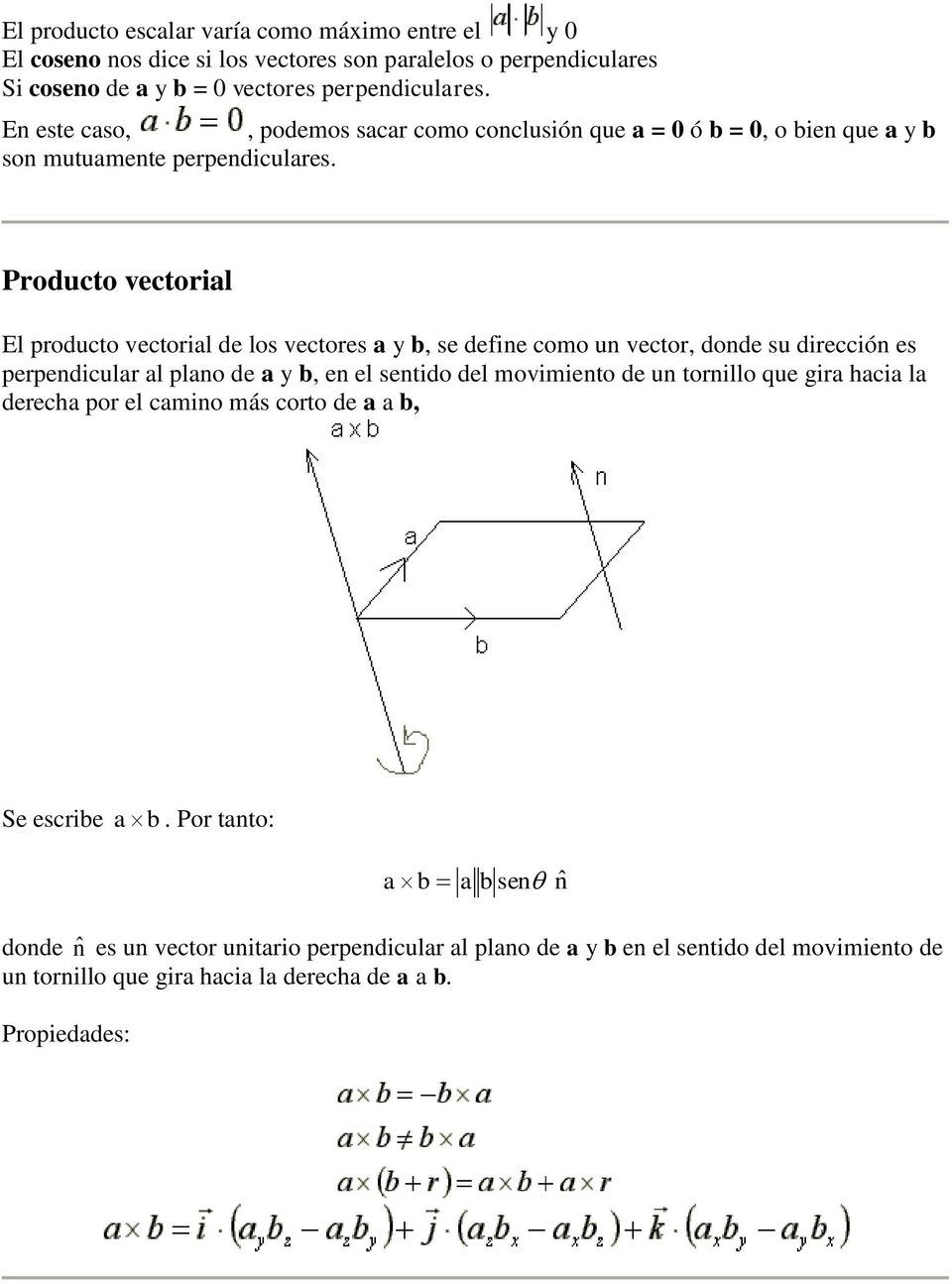 Producto vectorial El producto vectorial de los vectores a y b, se define como un vector, donde su dirección es perpendicular al plano de a y b, en el sentido del movimiento de un