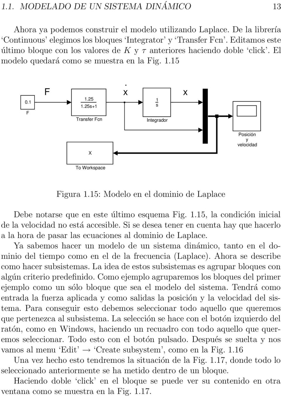 s Integrador X Posición y velocidad To Workspace Figura.5: Modelo en el dominio de Laplace Debe notarse que en este último esquema Fig..5, la condición inicial de la velocidad no está accesible.