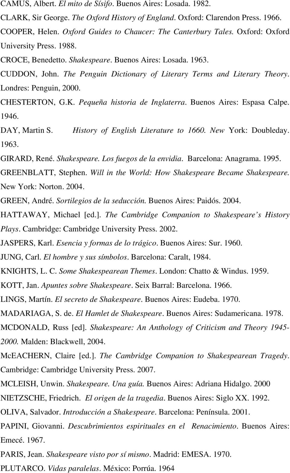 The Penguin Dictionary of Literary Terms and Literary Theory. Londres: Penguin, 2000. CHESTERTON, G.K. Pequeña historia de Inglaterra. Buenos Aires: Espasa Calpe. 1946. DAY, Martin S.