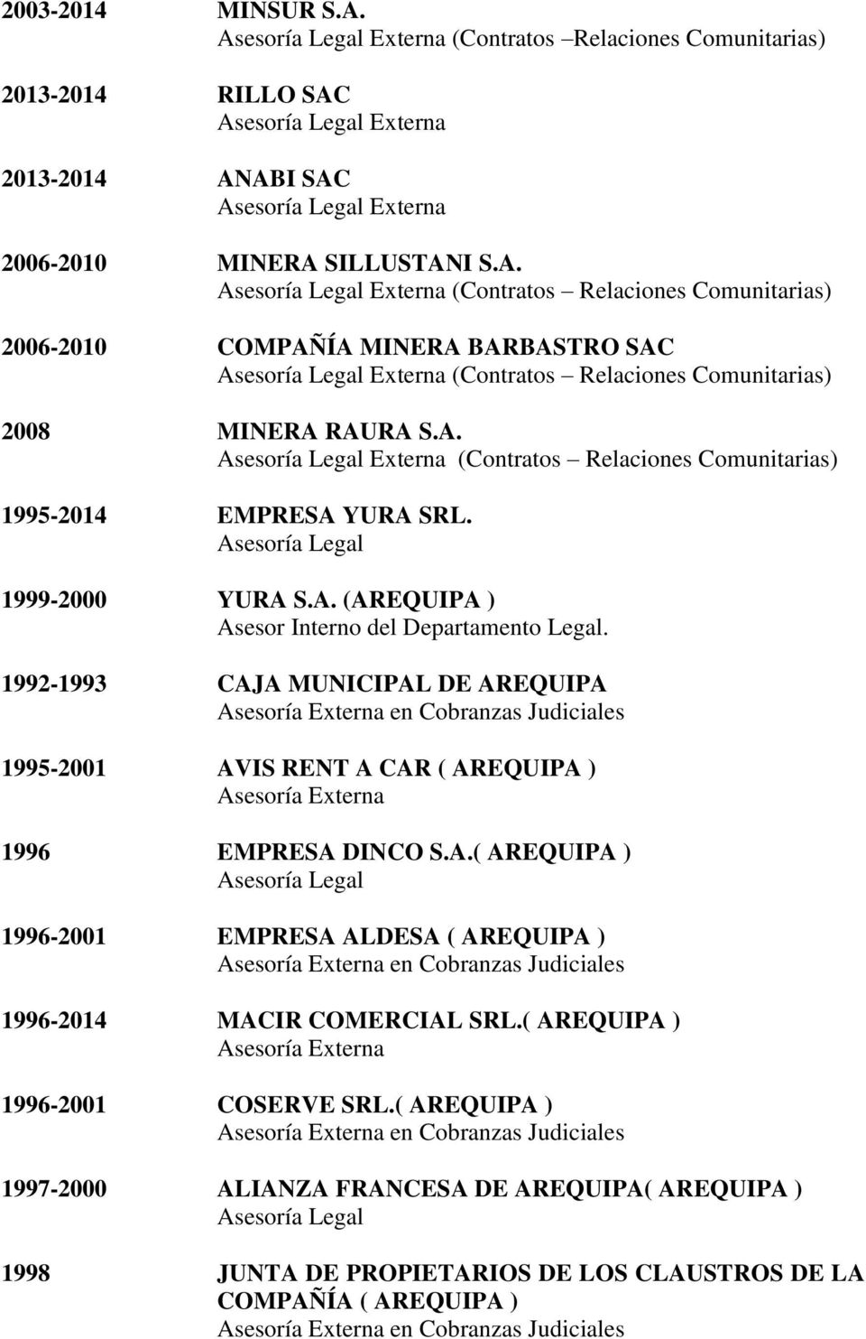 1992-1993 CAJA MUNICIPAL DE AREQUIPA 1995-2001 AVIS RENT A CAR ( AREQUIPA ) Asesoría Externa 1996 EMPRESA DINCO S.A.( AREQUIPA ) Asesoría Legal 1996-2001 EMPRESA ALDESA ( AREQUIPA ) 1996-2014 MACIR COMERCIAL SRL.