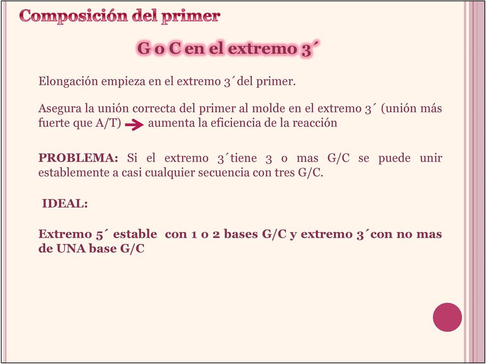 eficiencia de la reacción PROBLEMA: Si el extremo 3 tiene 3 o mas G/C se puede unir