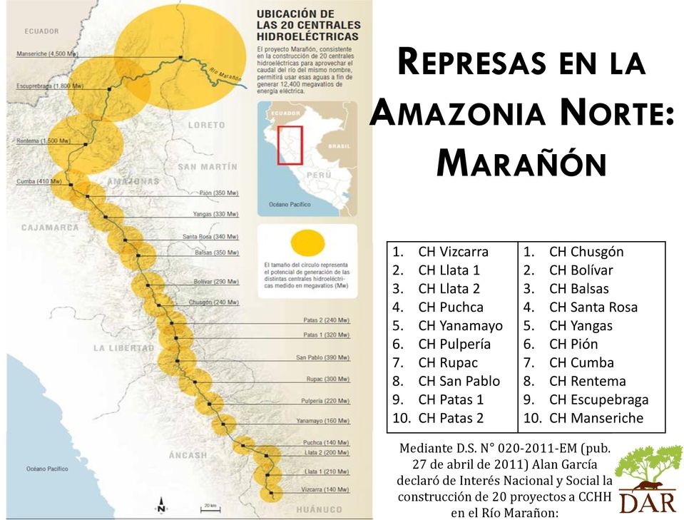 Marañon: REPRESAS EN LA AMAZONIA NORTE: MARAÑÓN 1. CH Vizcarra 2. CH Llata 1 3. CH Llata 2 4. CH Puchca 5. CH Yanamayo 6.