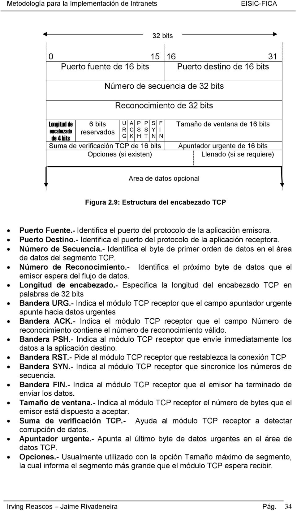9: Estructura del encabezado TCP Puerto Fuente.- Identifica el puerto del protocolo de la aplicación emisora. Puerto Destino.- Identifica el puerto del protocolo de la aplicación receptora.
