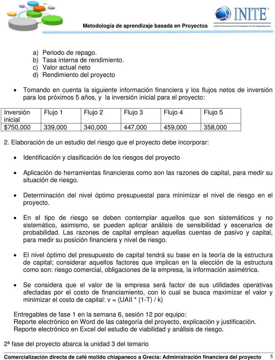 proyecto: Inversión Flujo 1 Flujo 2 Flujo 3 Flujo 4 Flujo 5 inicial $750,000 339,000 340,000 447,000 459,000 358,000 2.