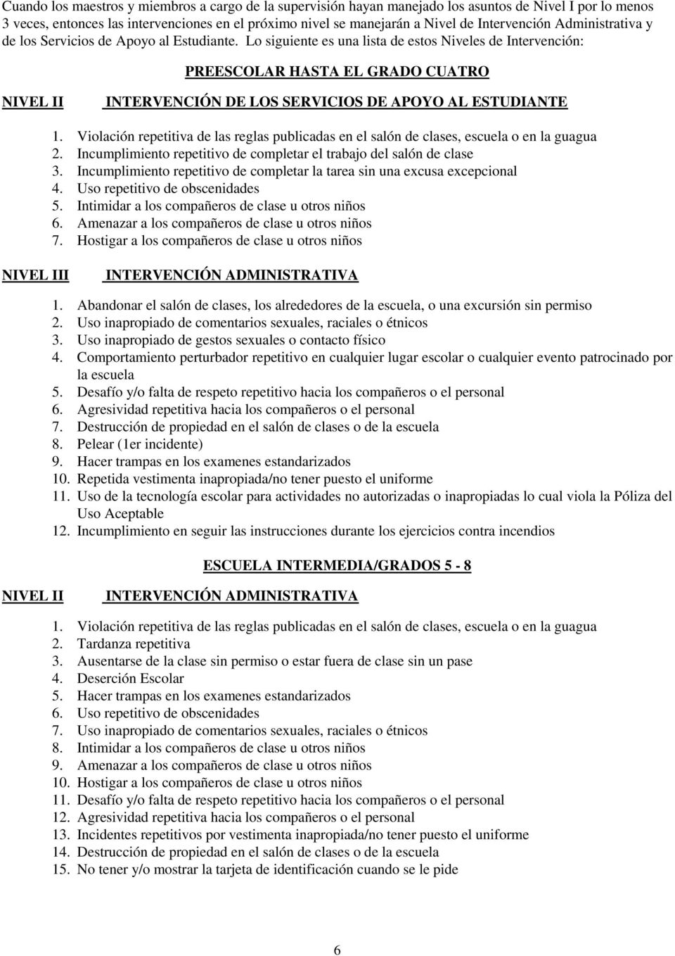 Lo siguiente es una lista de estos Niveles de Intervención: PREESCOLAR HASTA EL GRADO CUATRO NIVEL II INTERVENCIÓN DE LOS SERVICIOS DE APOYO AL ESTUDIANTE 1.