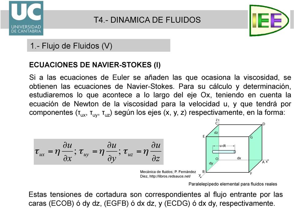 tendrá por componentes (τ ux, τ uy, τ uz ) según los ejes (x, y, z) respectivamente, en la forma: Mecánica de fluidos; P. Fernández Diez, http://libros.redsauce.