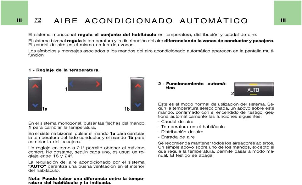 Los símbolos y mensajes asociados a los mandos del aire acondicionado automático aparecen en la pantalla multifunción 1-Reglajedelatemperatura.