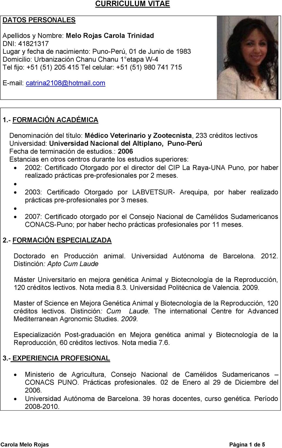 Curriculum Vitae 2003 Certificado Otorgado Por Labvetsur Arequipa