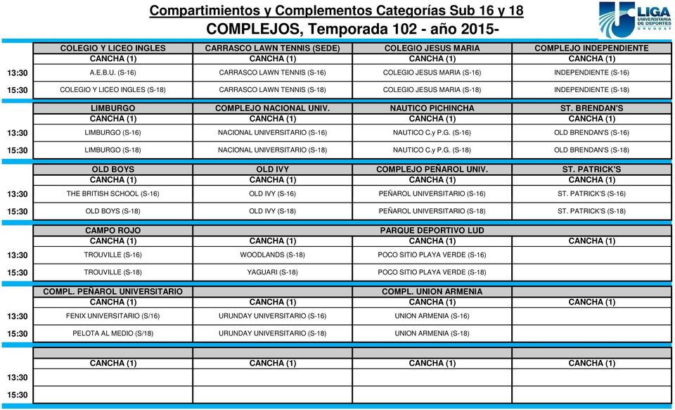 (S-16) Compartimientos y Complementos Categorías Sub 16 y 18 CARRASCO LAWN TENNIS (S-16) COLEGIO JESUS MARIA (S-16) INDEPENDIENTE (S-16) COLEGIO Y LICEO INGLES (S-18) CARRASCO LAWN TENNIS (S-18)