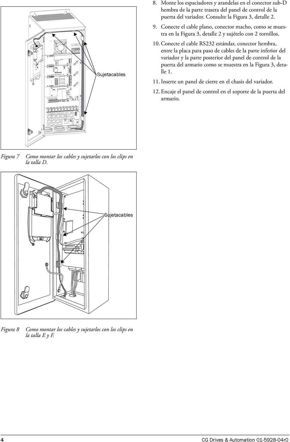 Conecte el cable RS232 estándar, conector hembra, entre la placa para paso de cables de la parte inferior del variador y la parte posterior del panel de control de la puerta del armario como se
