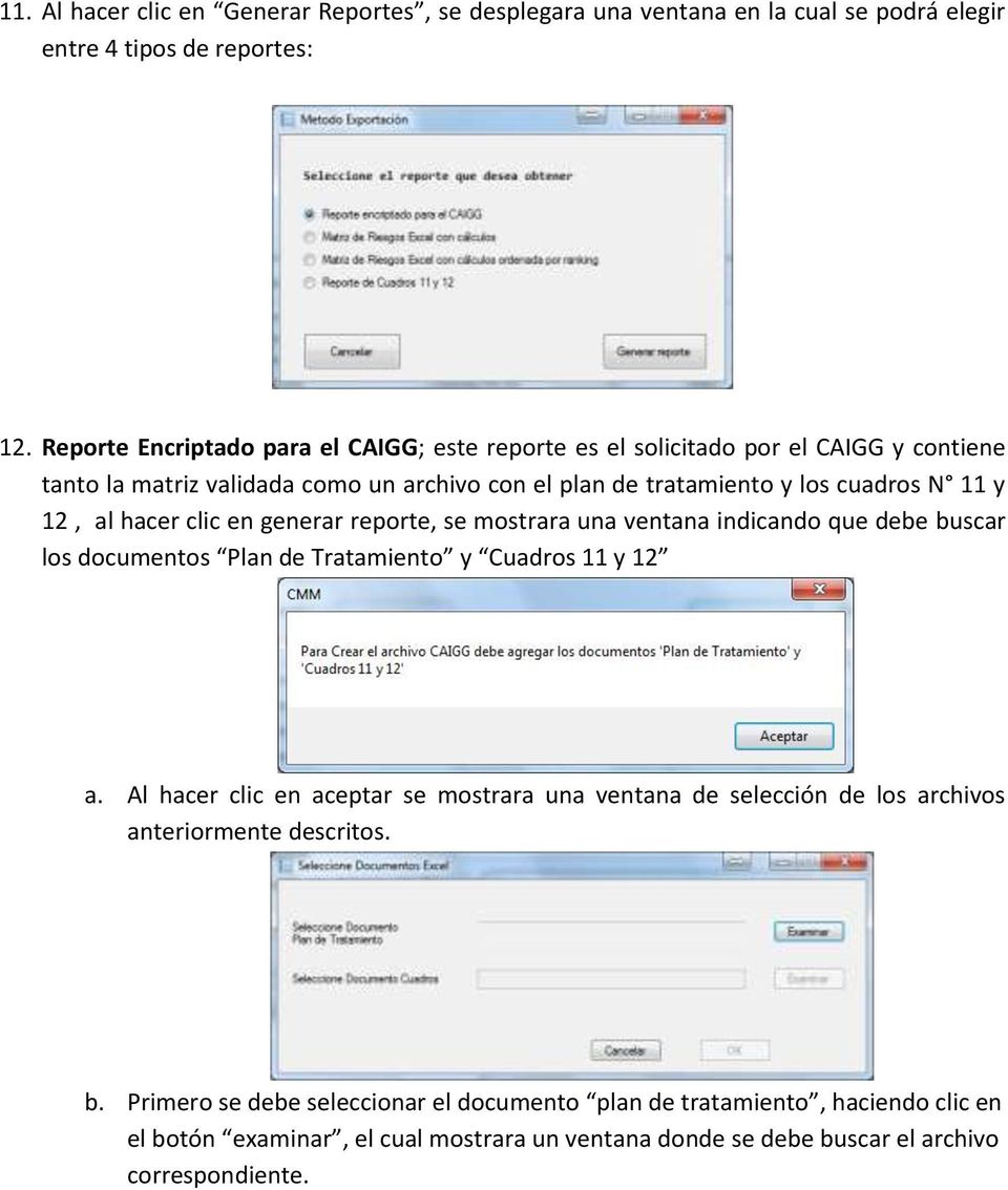 al hacer clic en generar reporte, se mostrara una ventana indicando que debe buscar los documentos Plan de Tratamiento y Cuadros 11 y 12 a.