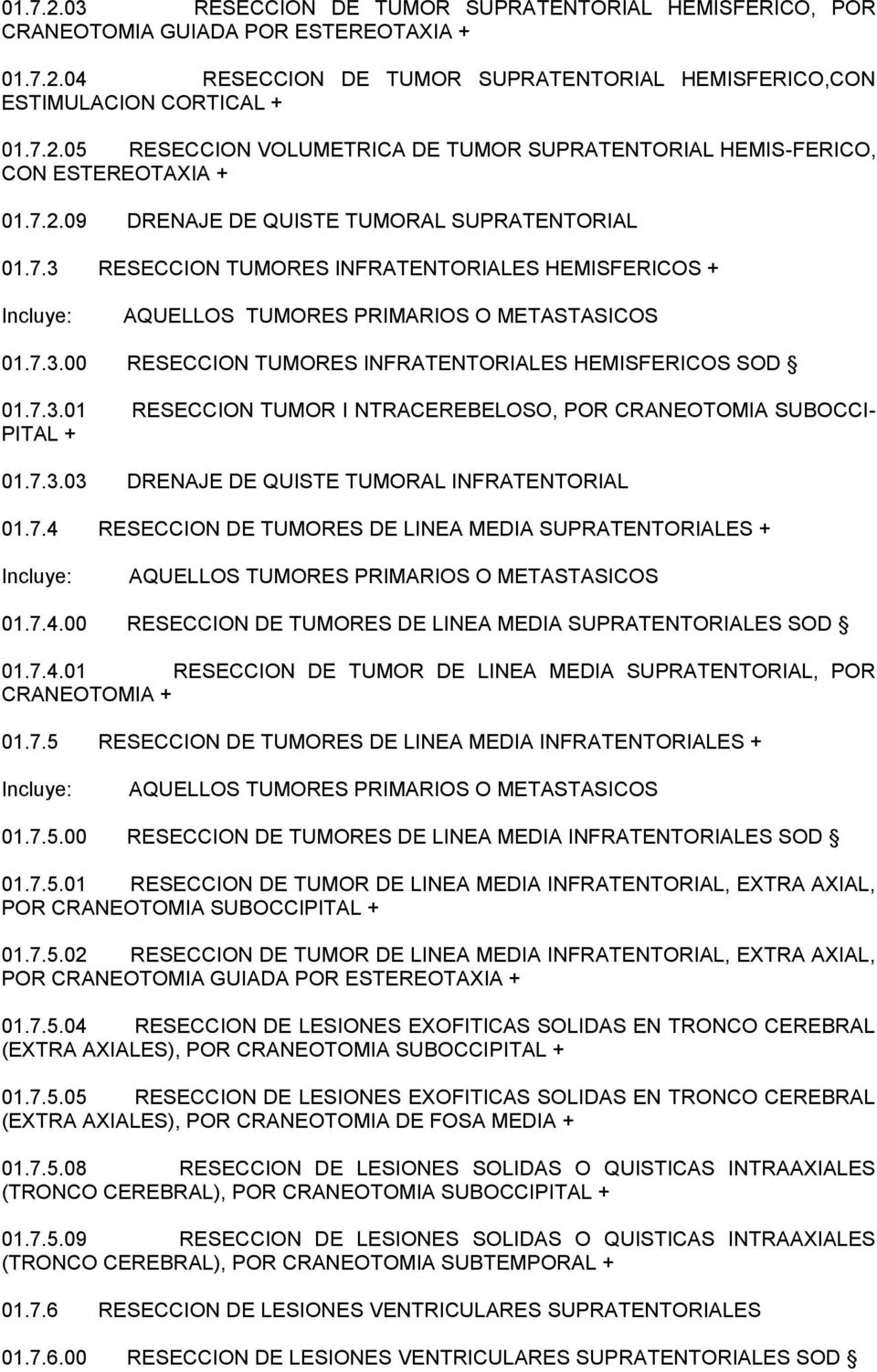 7.3.01 RESECCION TUMOR I NTRACEREBELOSO, POR CRANEOTOMIA SUBOCCI- PITAL + 01.7.3.03 DRENAJE DE QUISTE TUMORAL INFRATENTORIAL 01.7.4 RESECCION DE TUMORES DE LINEA MEDIA SUPRATENTORIALES + AQUELLOS TUMORES PRIMARIOS O METASTASICOS 01.