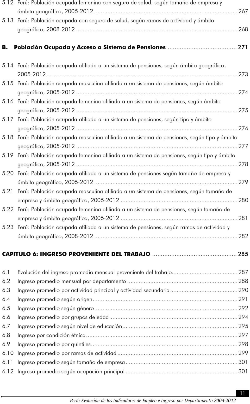 14 Perú: Población ocupada afiliada a un sistema de pensiones, según ámbito geográfico, 2005-2012... 273 5.