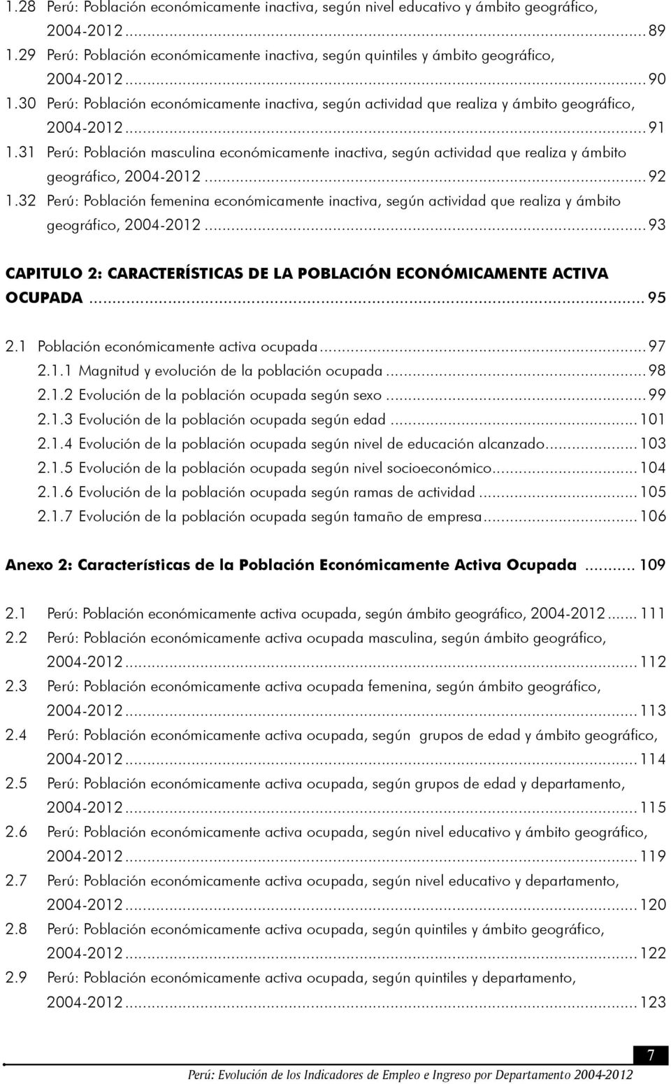 31 Perú: Población masculina económicamente inactiva, según actividad que realiza y ámbito geográfico, 2004-2012...92 1.