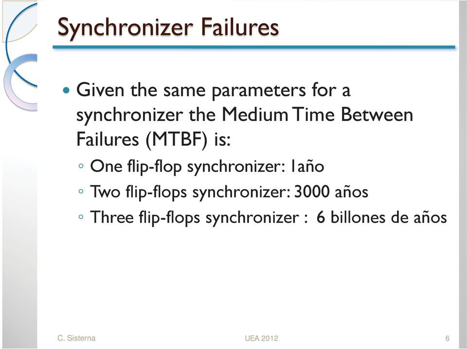 flip-flop synchronizer: 1año Two flip-flops synchronizer: 3000