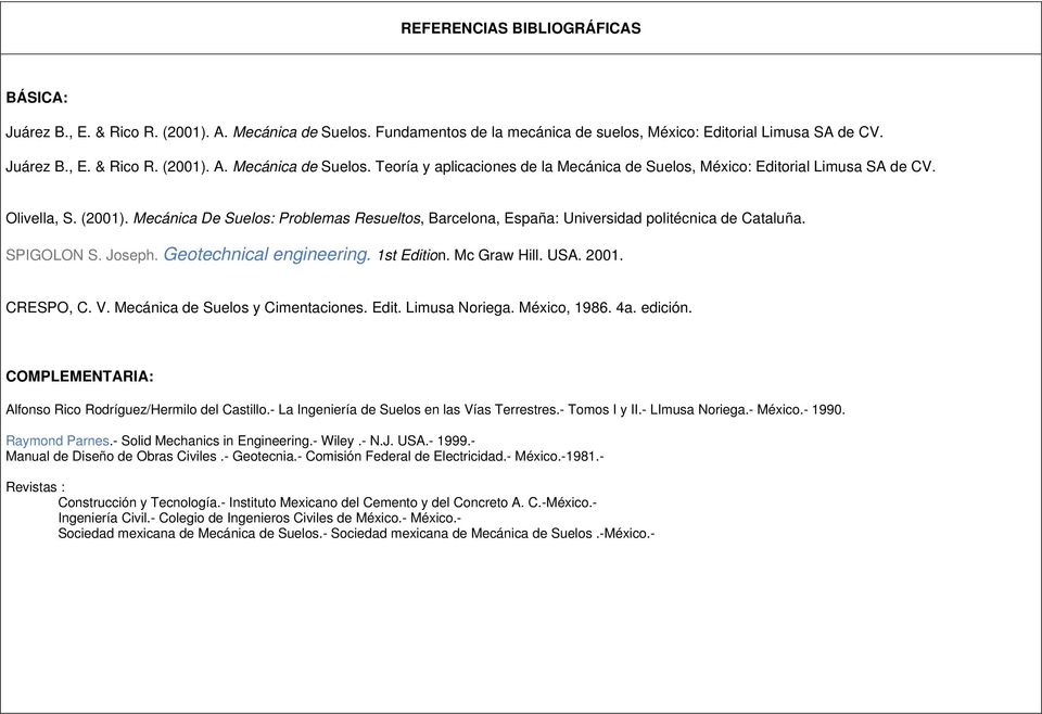 2001. CRESPO, C. V. Mecánica de Suelos y Cimentaciones. Edit. Limusa Noriega. México, 1986. 4a. edición. COMPLEMENTARIA: Alfonso Rico Rodríguez/Hermilo del Castillo.