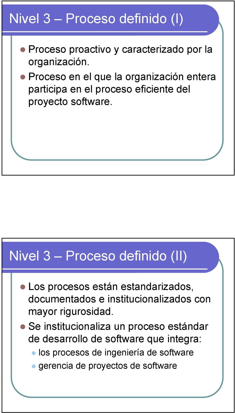 Nivel 3 Proceso definido (II) Los procesos están estandarizados, documentados e institucionalizados con mayor