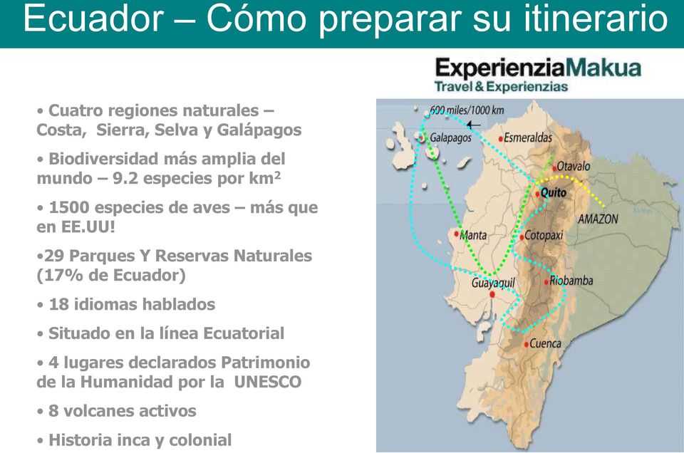 29 Parques Y Reservas Naturales (17% de Ecuador) 18 idiomas hablados Situado en la línea Ecuatorial