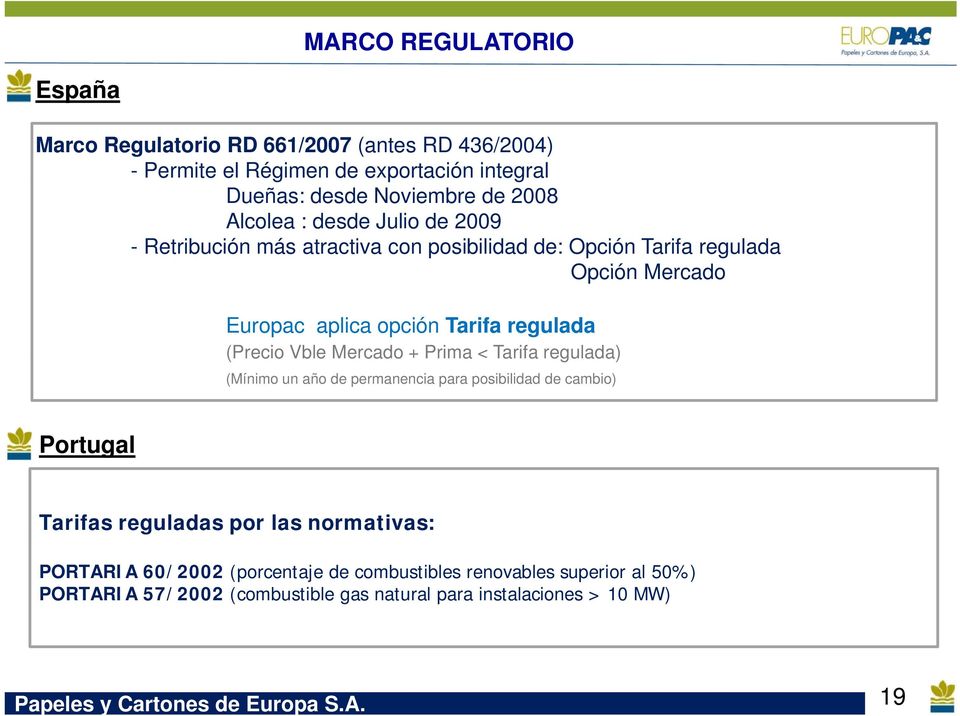 Mercado + Prima < Tarifa regulada) (Mínimo un año de permanencia para posibilidad de cambio) Portugal Tarifas reguladas por las normativas: PORTARIA 60/2002