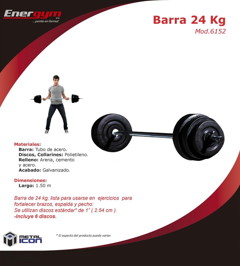 50 m Barra de 24 kg, lista para usarse en ejercicios para fortalecer