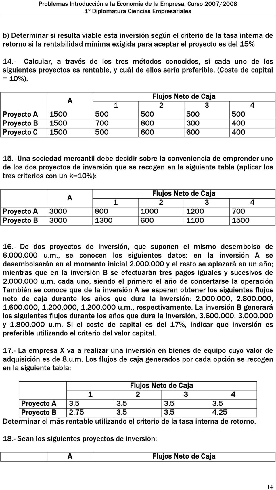 A Flujos Neto de Caja 1 2 3 4 Proyecto A 1500 500 500 500 500 Proyecto B 1500 700 800 300 400 Proyecto C 1500 500 600 600 400 15.