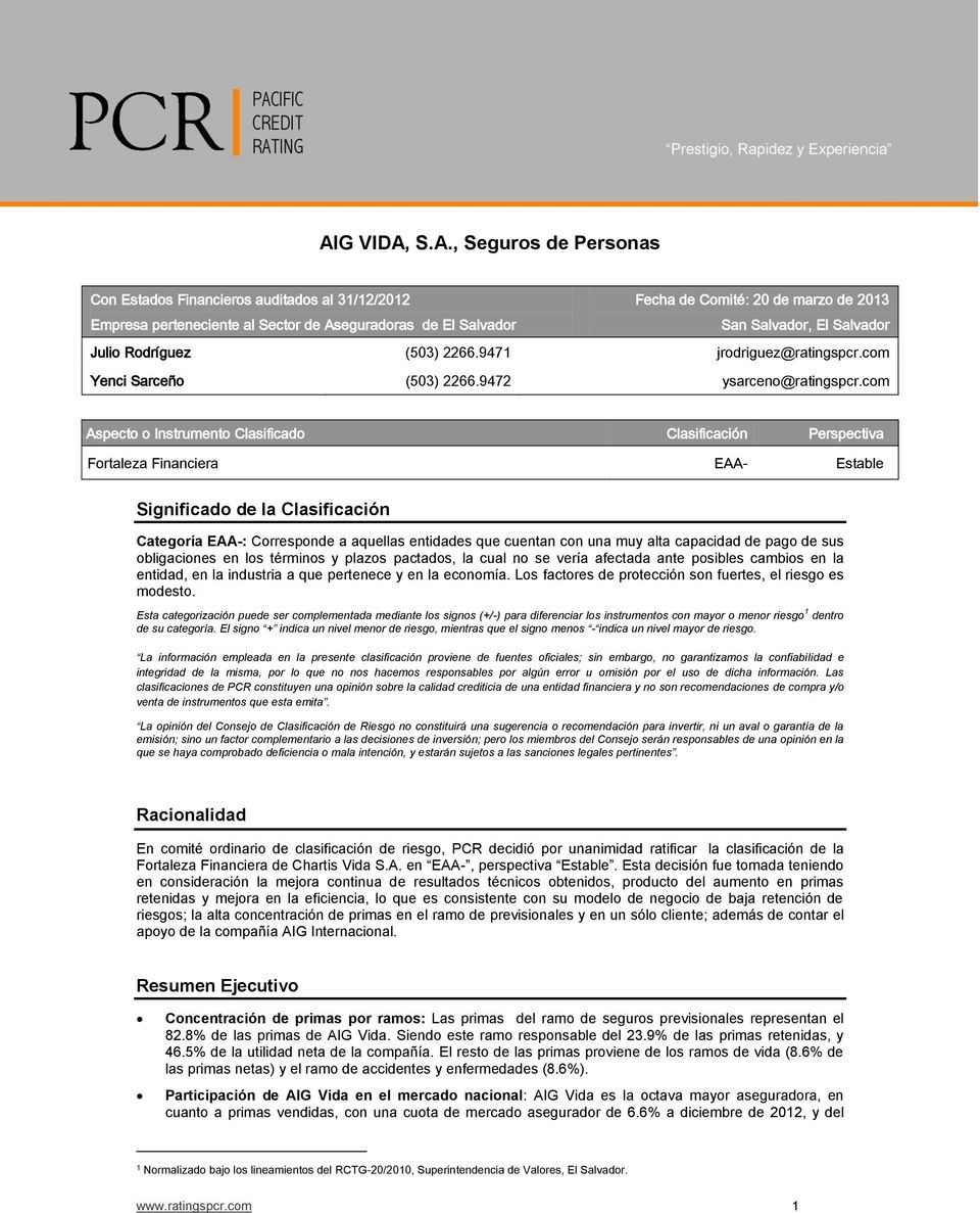 S.A., Seguros de Personas Con Estados Financieros auditados al 31/12/2012 Empresa perteneciente al Sector de Aseguradoras de El Salvador Fecha de Comité: 20 de marzo de 2013 San Salvador, El Salvador