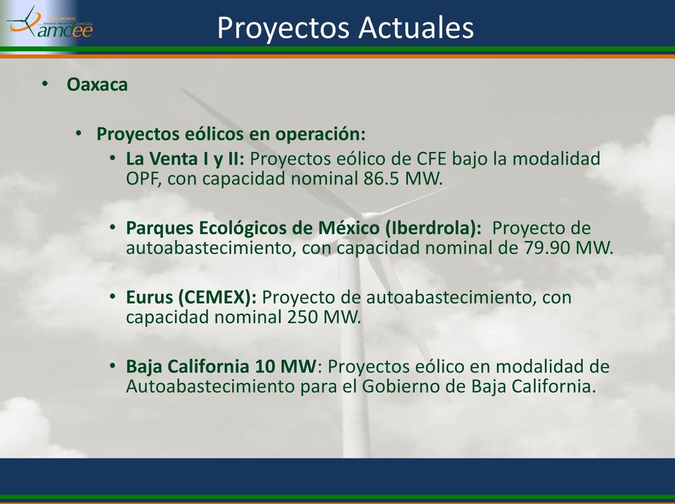 Parques Ecológicos de México (Iberdrola): Proyecto de autoabastecimiento, con capacidad nominal de 79.90 MW.