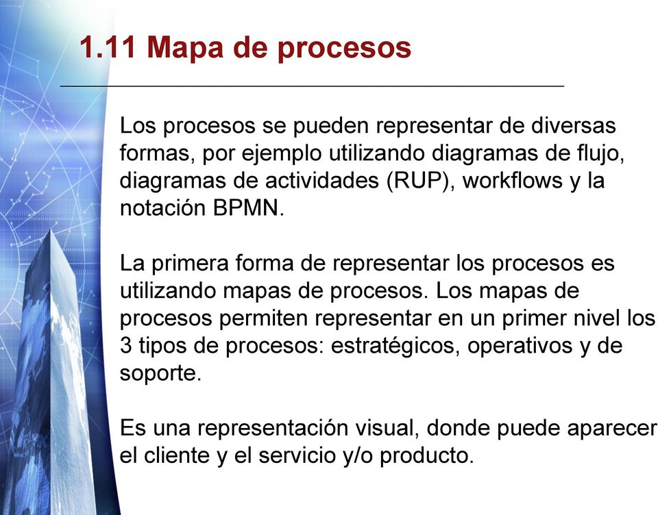 La primera forma de representar los procesos es utilizando mapas de procesos.