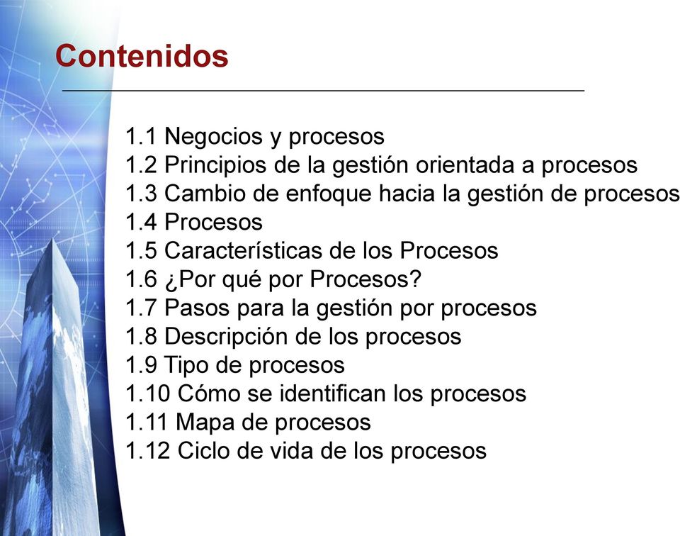 6 Por qué por Procesos? 1.7 Pasos para la gestión por procesos 1.8 Descripción de los procesos 1.