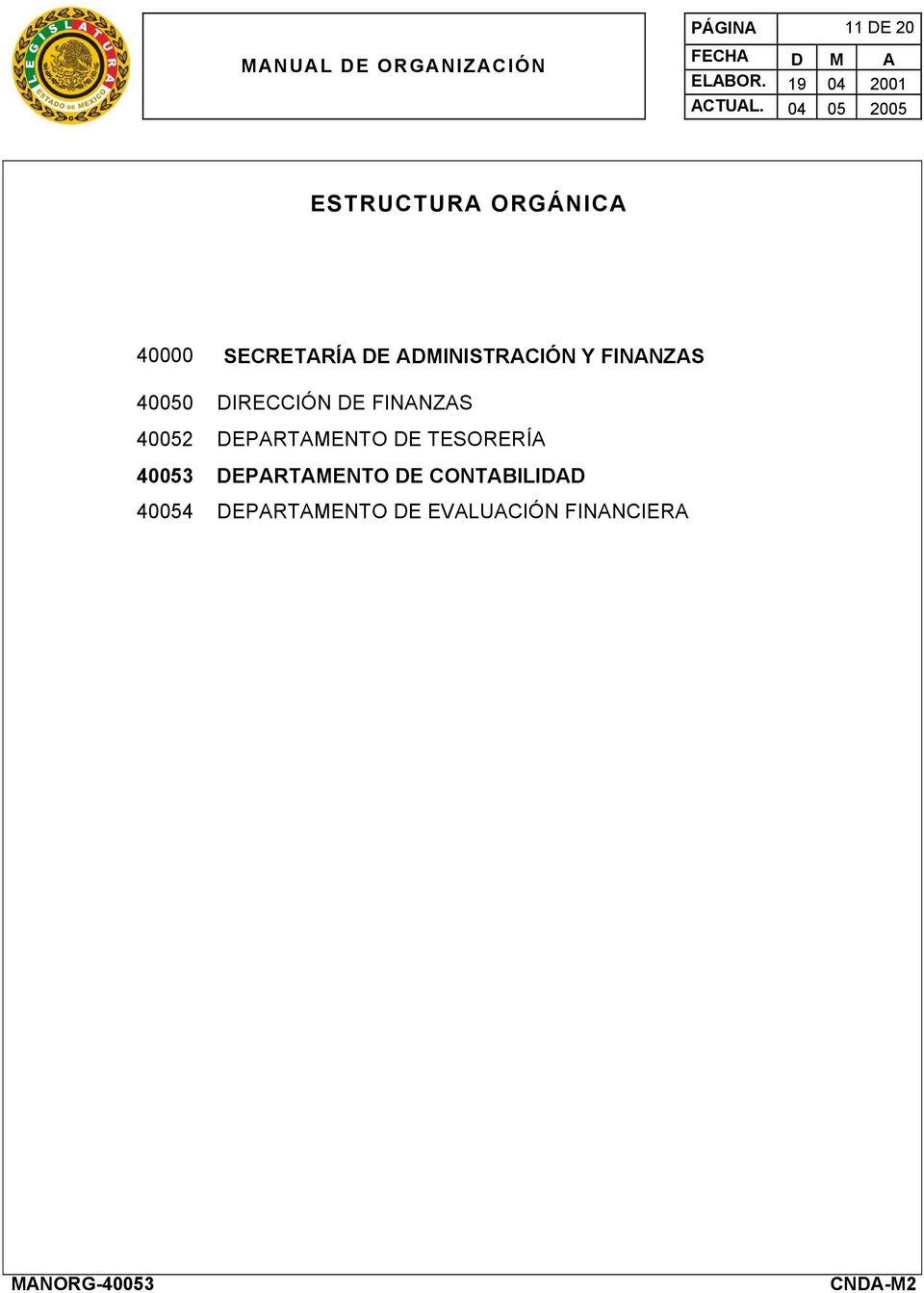 FINANZAS 40052 DEPARTAMENTO DE TESORERÍA 40053