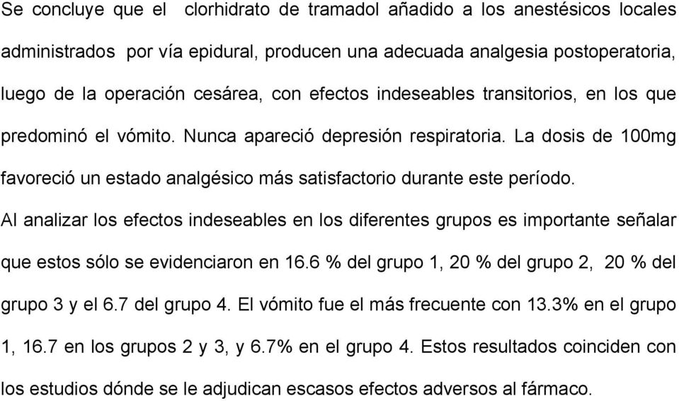 Al analizar los efectos indeseables en los diferentes grupos es importante señalar que estos sólo se evidenciaron en 16.6 % del grupo 1, 20 % del grupo 2, 20 % del grupo 3 y el 6.7 del grupo 4.