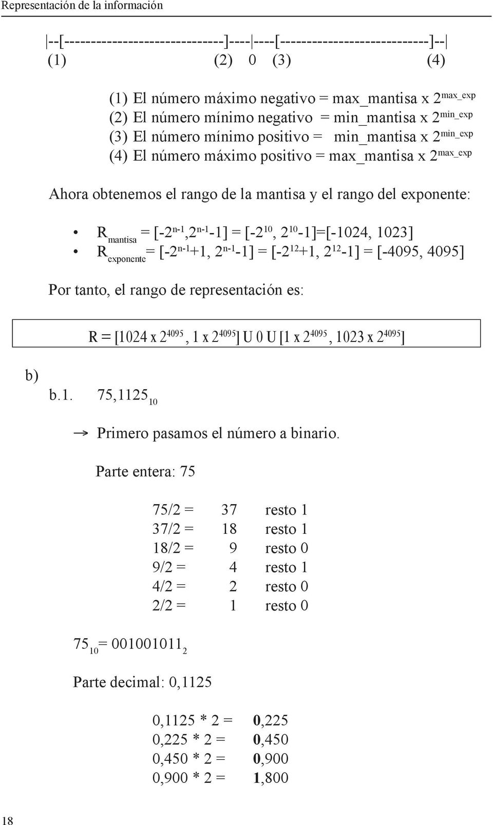 rango del exponente: R mantisa = [-2 n-1,2 n-1-1] = [-2 10, 2 10-1]=[-1024, 1023] R exponente = [-2 n-1 +1, 2 n-1-1] = [-2 12 +1, 2 12-1] = [-4095, 4095] Por tanto, el rango de representación es: b)