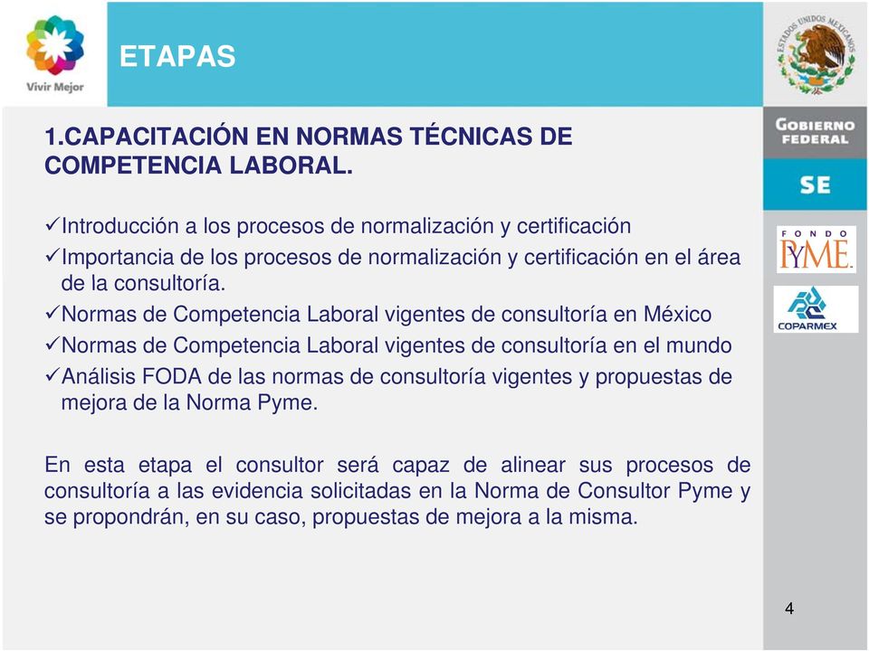 Normas de Competencia Laboral vigentes de consultoría en México Normas de Competencia Laboral vigentes de consultoría en el mundo Análisis FODA de las normas