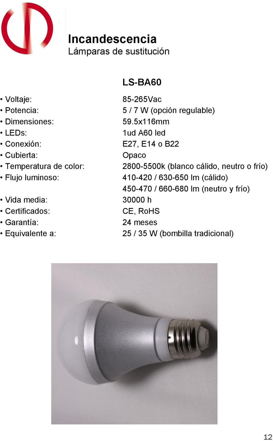 5x116mm 1ud A60 led E27, E14 o B22 Opaco 2800-5500k (blanco cálido,