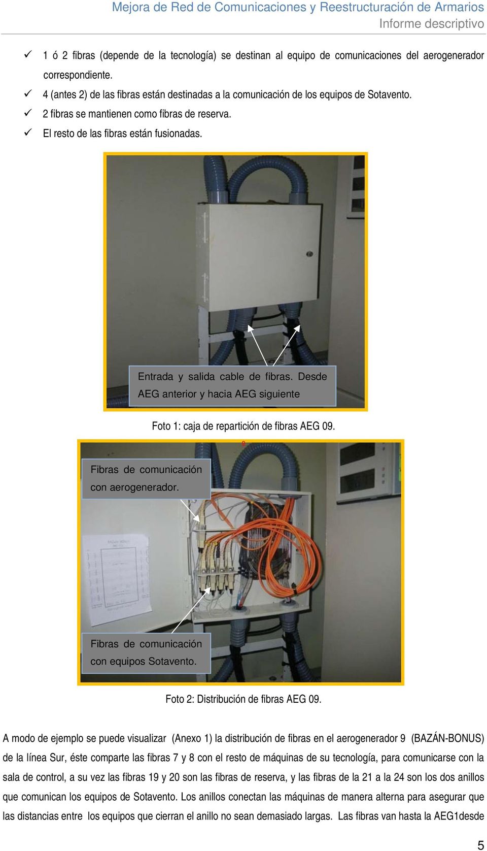 Entrada y salida cable de fibras. Desde AEG anterior y hacia AEG siguiente Foto 1: caja de repartición de fibras AEG 09. º Fibras de comunicación con aerogenerador.