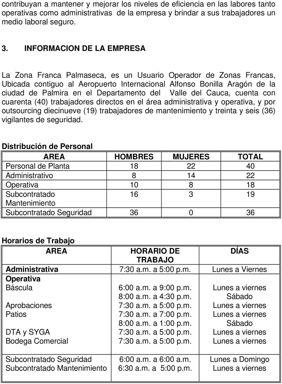 Departamento del Valle del Cauca, cuenta con cuarenta (40) trabajadores directos en el área administrativa y operativa, y por outsourcing diecinueve (19) trabajadores de mantenimiento y treinta y