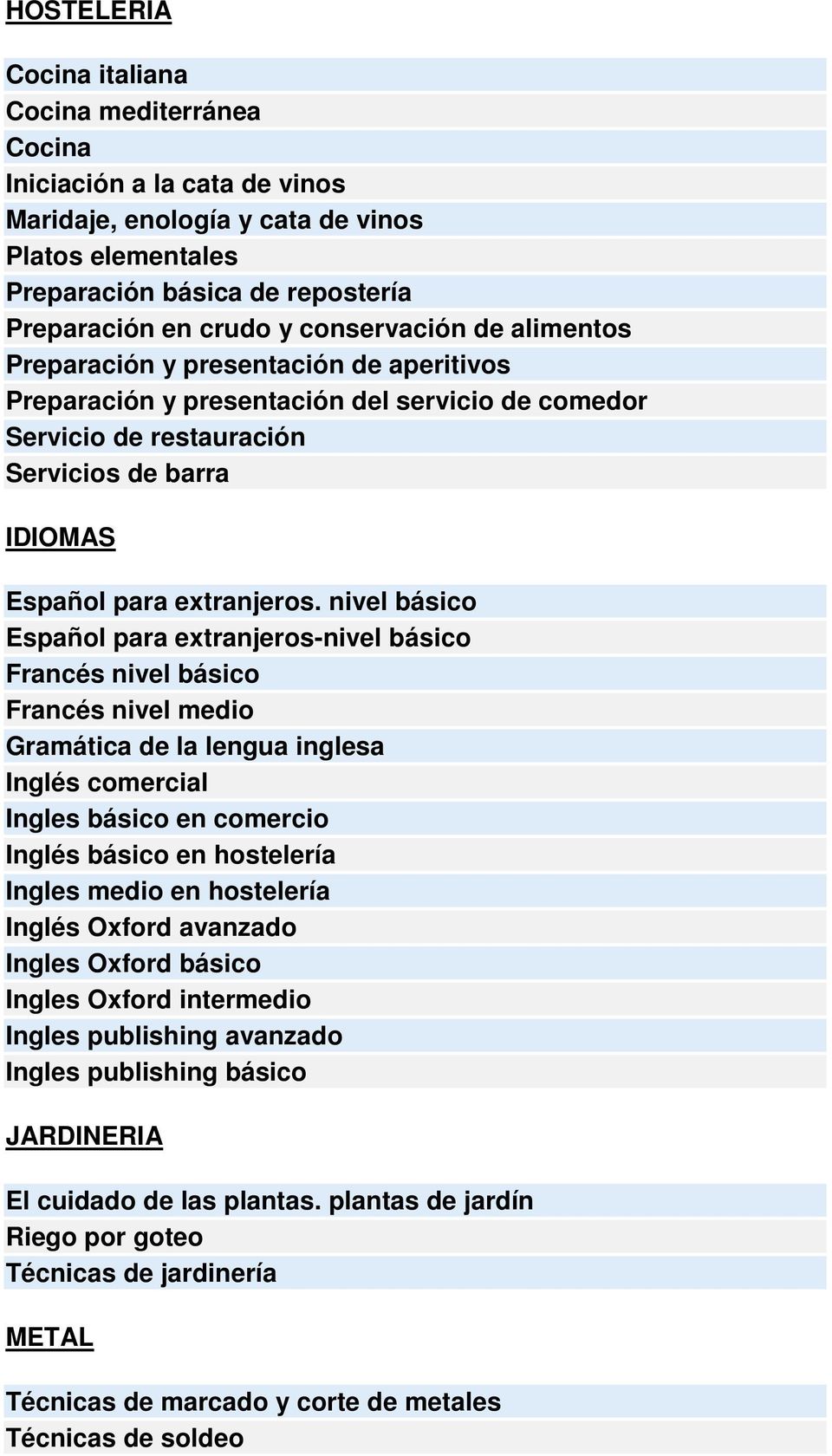 nivel básico Español para extranjeros-nivel básico Francés nivel básico Francés nivel medio Gramática de la lengua inglesa Inglés comercial Ingles básico en comercio Inglés básico en hostelería