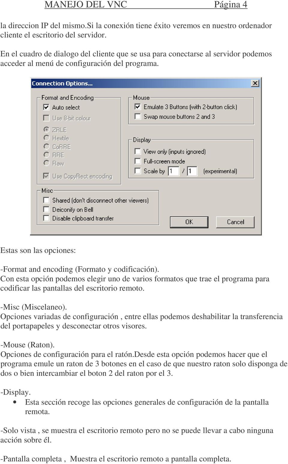 Con esta opción podemos elegir uno de varios formatos que trae el programa para codificar las pantallas del escritorio remoto. -Misc (Miscelaneo).