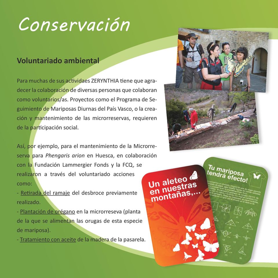 Así, por ejemplo, para el mantenimiento de la Microrreserva para Phengaris arion en Huesca, en colaboración con la Fundación Lammergier Fonds y la FCQ, se realizaron a través del voluntariado