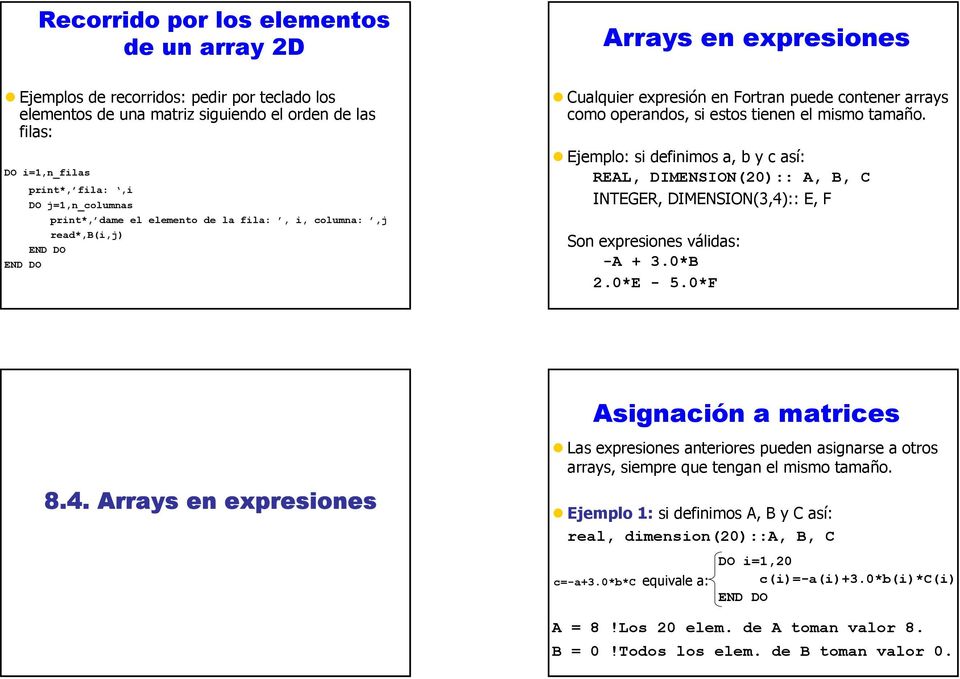 definimos a, b y c así: REAL, DIMENSION(20):: A, B, C INTEGER, DIMENSION(3,4):: E, F Son expresiones válidas: -A + 30*B 20*E - 50*F Asignación a matrices Las expresiones anteriores pueden asignarse a