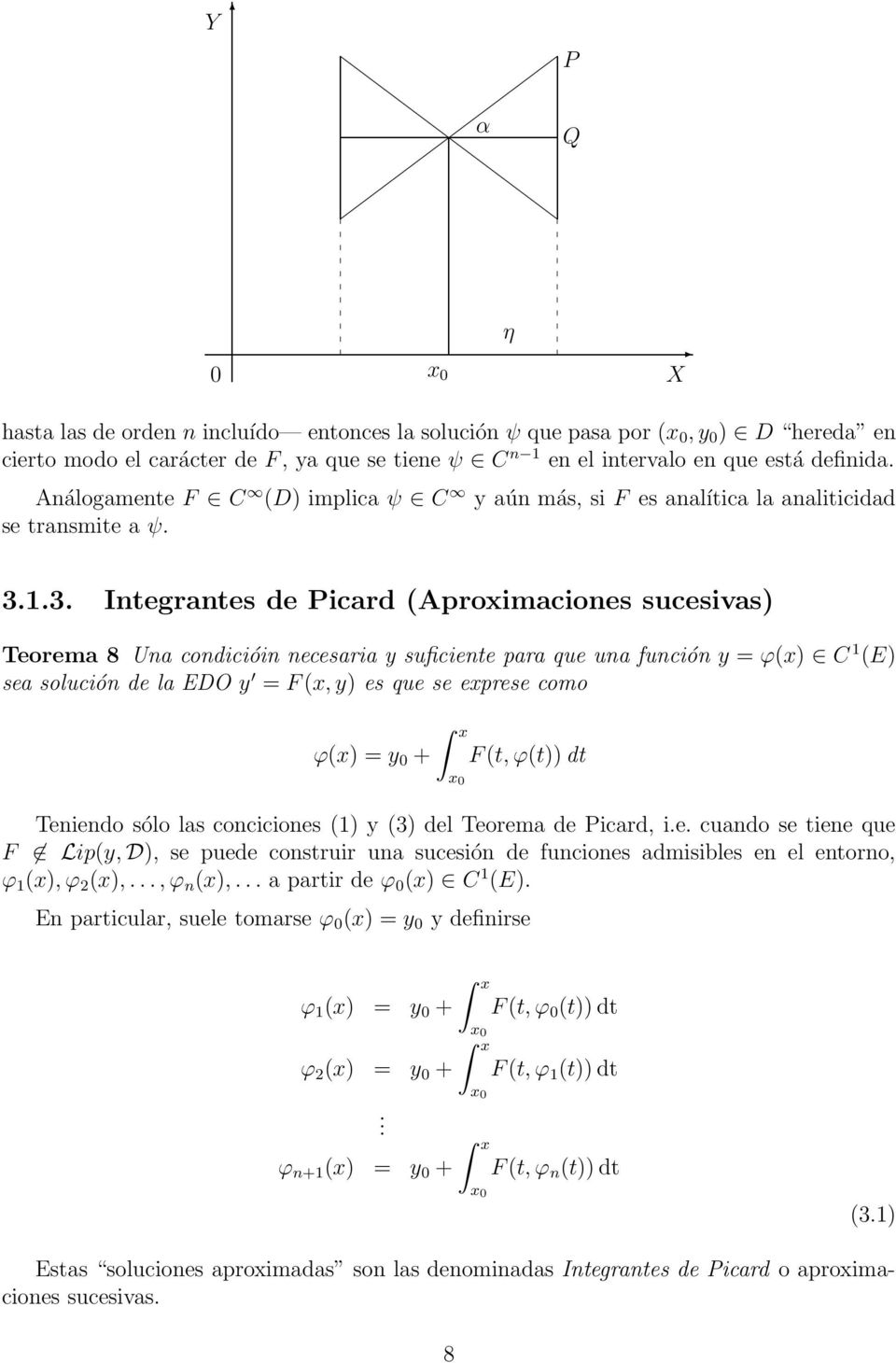 1.3. Integrantes de Picard (Aproximaciones sucesivas) Teorema 8 Una condicióin necesaria y suficiente para que una función y = ϕ(x) C 1 (E) sea solución de la EDO y = F (x, y) es que se exprese como