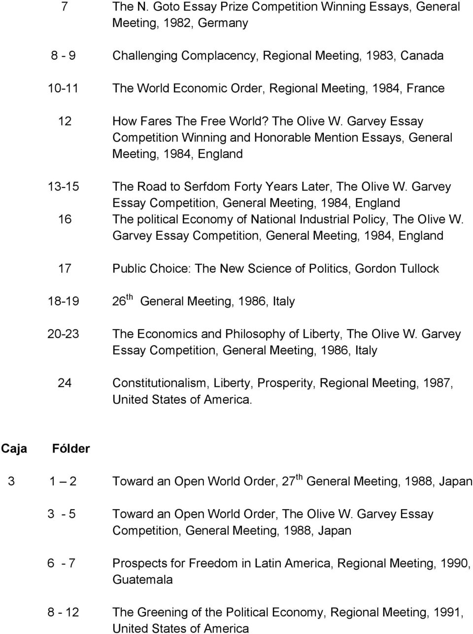 12 How Fares The Free World? The Olive W. Garvey Essay Competition Winning and Honorable Mention Essays, General Meeting, 1984, England 13-15 The Road to Serfdom Forty Years Later, The Olive W.